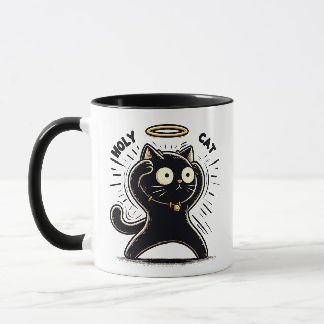 Heliga Cat - Alert Black Cat med Halo Funny Mugg (Vänster)