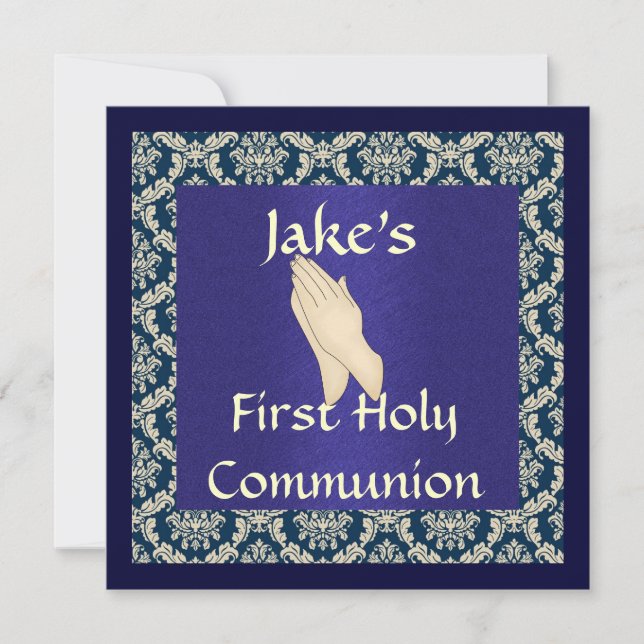 Heliga Communion Blue & Beige DAMASK INVITATIONS Inbjudningar (Framsida)