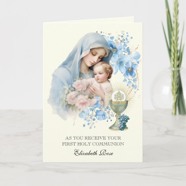 Heliga Communion Mary Jesus Blommigt Helgkort (Framsida)