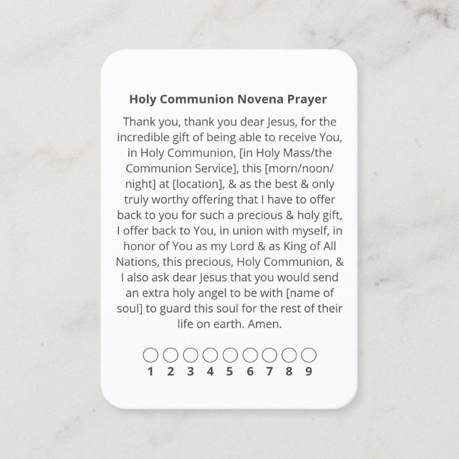 Heliga Communion Novena Prayer Card Visitkort (Framsida)
