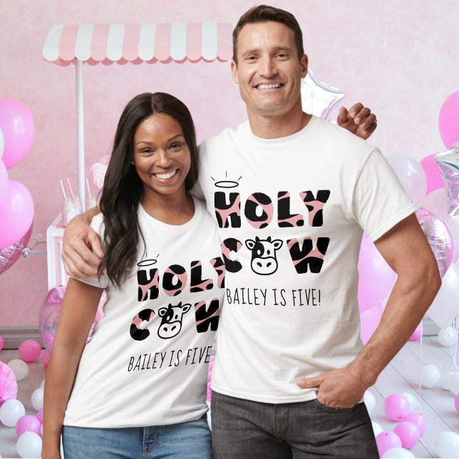 Heliga Cow Barn Birthday Namn and Age Parants T Shirt (Holy Cow birthday shirt for parents kids bday party cow print pink custom name and age)
