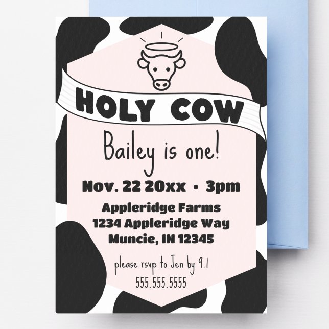 Heliga Cow Barn Cow Skriv ut Cute Modern Birday Inbjudningar (holy cow birthday invitation cute modern custom details pink cow print trendy bday invite)