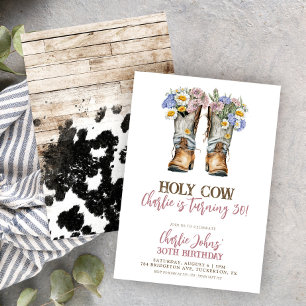 Heliga Cow Blommigt Cowboy Boots 30års födelsedag Inbjudningar