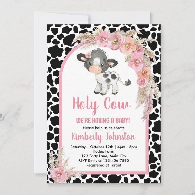 Heliga Cow boho babydusch rosa farm Girl blommigt Inbjudningar (Framsida)