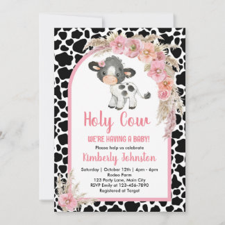 Heliga Cow boho babydusch rosa farm Girl blommigt Inbjudningar