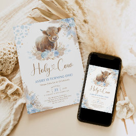 Heliga Cow Boho Blue Highland Cow Boy Birthday Inbjudningar