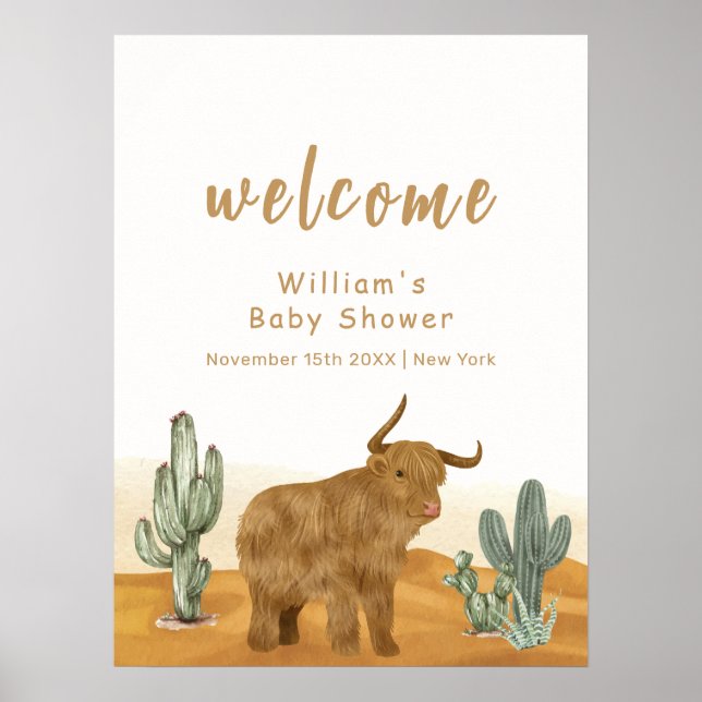 Heliga Cow Boho Cactus Desert Baby Shower Välkomme Poster (Framsidan)