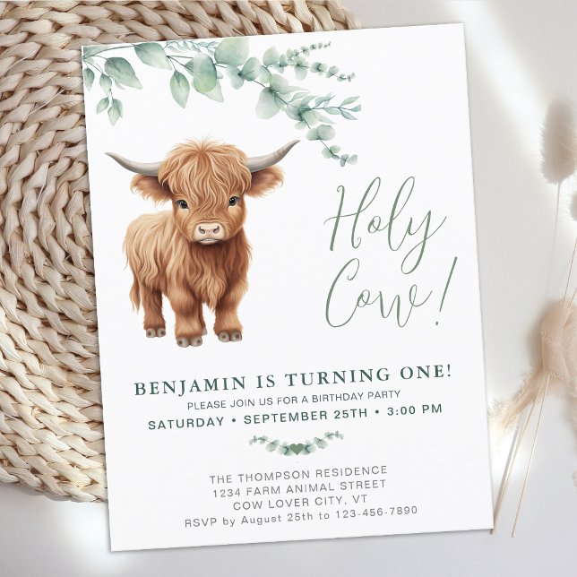 Heliga Cow Boho Greenery Highland Cow 1:a födelsed Inbjudan Vykort (Skapare uppladdad)