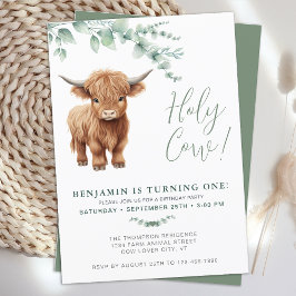 Heliga Cow Boho Greenery Highland Cow 1:a födelsed Inbjudningar