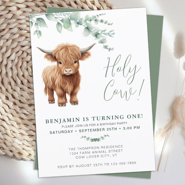 Heliga Cow Boho Greenery Highland Cow 1:a födelsed Inbjudningar (Skapare uppladdad)