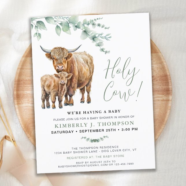 Heliga Cow Boho Greenery Highland Cow Baby Shower Inbjudan Vykort (Skapare uppladdad)