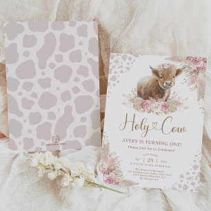 Heliga Cow Boho Pampas Highland Cow Girl Birthday Inbjudningar