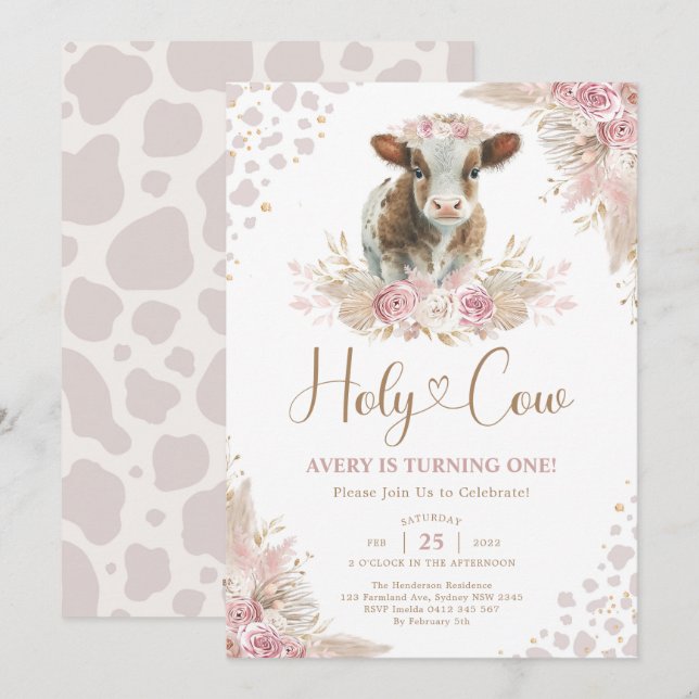Heliga Cow Boho Rosa Pampas Cow Flicka Birthday Inbjudningar (Fram/baksida)