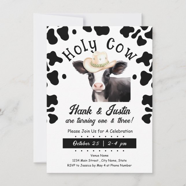Heliga Cow Boy Kids Dubbla Birthday-inbjudan Inbjudningar (Framsida)