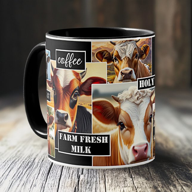 Heliga Cow Farm Fresh Mjölk Coffee Mugg (Mug featuring images of different cows - great for coffee with milk or a gift for a farmer)