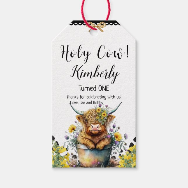 Heliga Cow First Birthday Highland Cow Presentetikett (Framsidan)