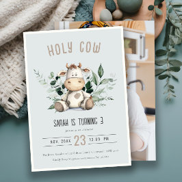 Heliga Cow Foliage Dusky Blue Photo Barns födelsed Inbjudningar