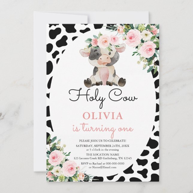 Heliga Cow Girl Rosa Blommigt Farm Birthday-inbjud Inbjudningar (Framsida)