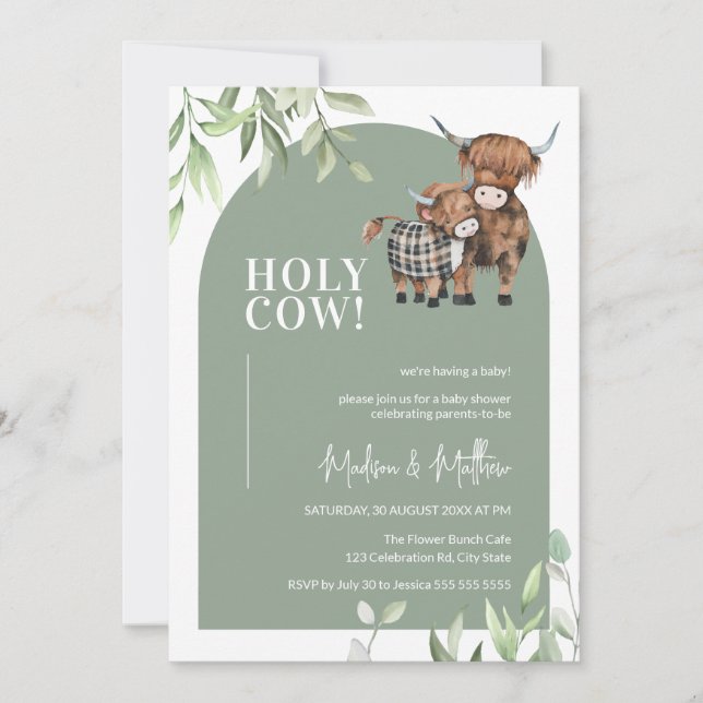 Heliga Cow Greenery Arch Farm Highland Baby Shower Inbjudningar (Framsida)