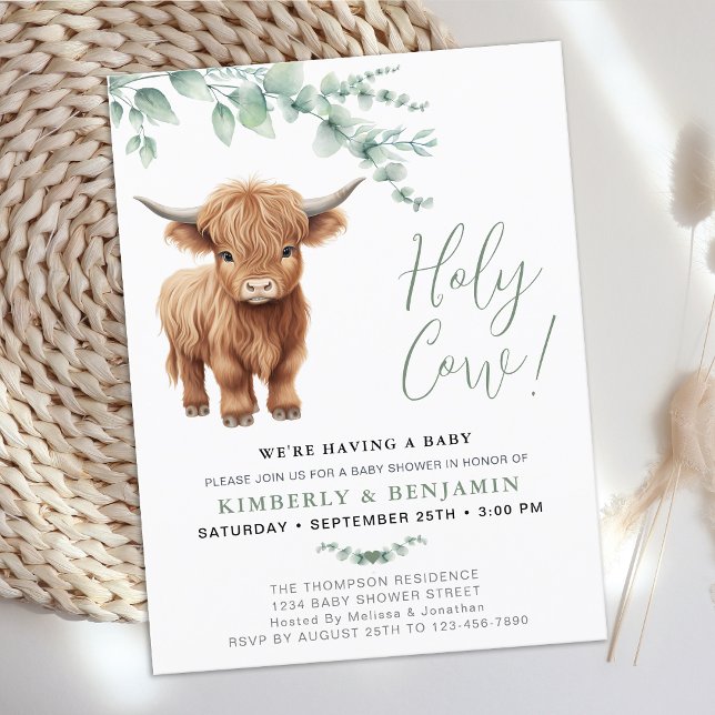 Heliga Cow Greenery Highland Cow Par Baby Shower Inbjudan Vykort (Skapare uppladdad)