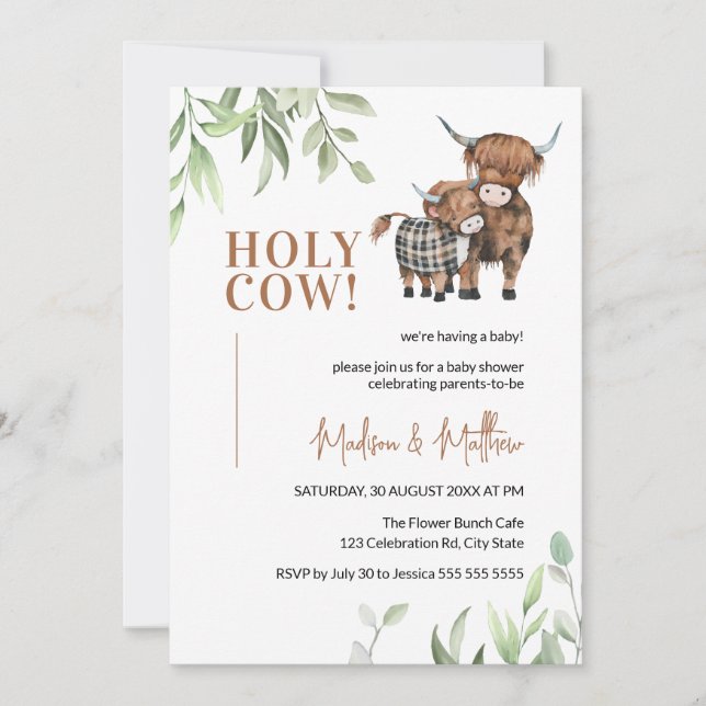 Heliga Cow Greenery Rustic Farm Baby Shower Inbjudningar (Framsida)