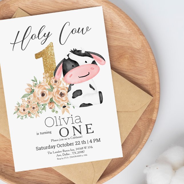 Heliga Cow Guld Flowers 1:a födelsedag Party Inbjudningar (Skapare uppladdad)