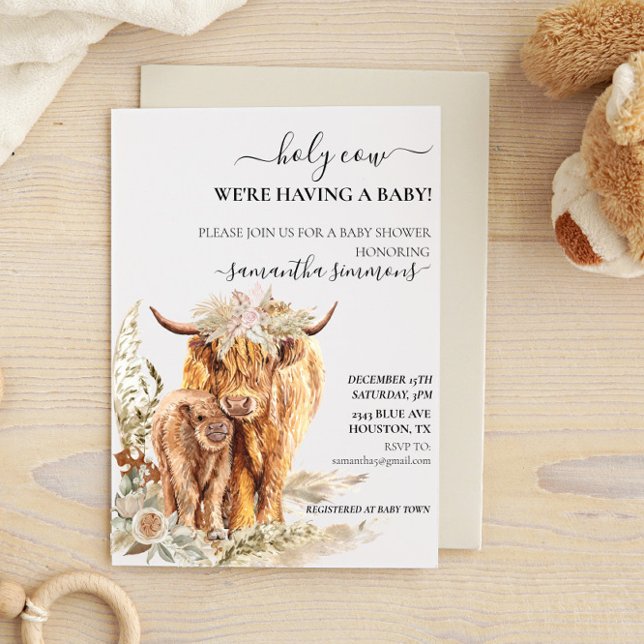Heliga Cow Highland Calf Baby Shower Boho Pampas Inbjudningar (Skapare uppladdad)
