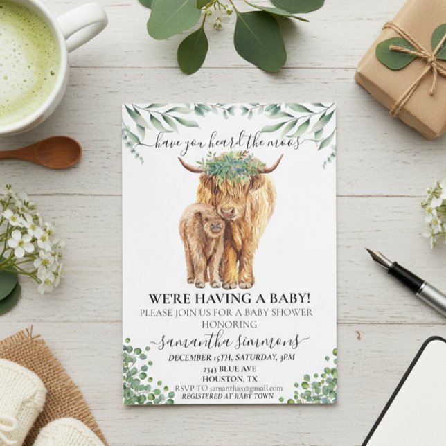 Heliga Cow Highland Calf Baby Shower Eucalyptus Inbjudningar (Skapare uppladdad)