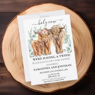 Heliga Cow Highland Twin Baby Shower Eucalyptus Inbjudningar