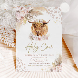 Heliga Cow I är en Boho Pampas Highland Cow Birthd Inbjudningar