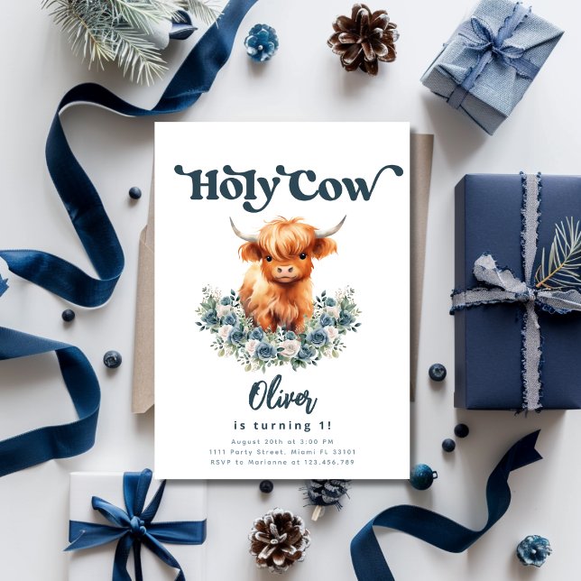 Heliga Cow I är en högland Cow Boy 1:a födelsedage Inbjudningar (Holy Cow Birthday Invitation for Boys)