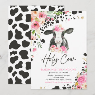 Heliga Cow I är en Rosa Blommigt Farm Födelsedagsf Inbjudningar