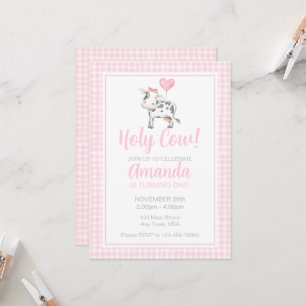 Heliga Cow I är en Rosa Gingham Birthday-inbjudan Inbjudningar