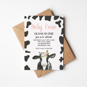 Heliga Cow I är en Rosa Gingham blommigt Birthday Inbjudningar