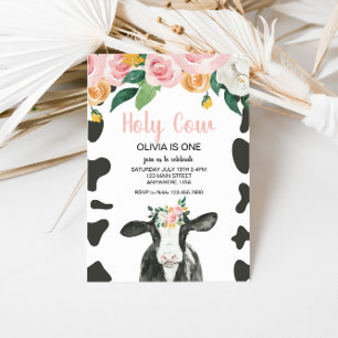 Heliga Cow I är en Rosa Gingham blommigt Birthday Inbjudningar
