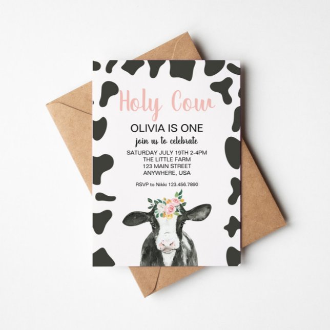 Heliga Cow I är en Rosa Gingham blommigt Birthday Inbjudningar (Skapare uppladdad)