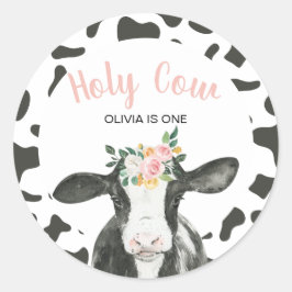 Heliga Cow I är en Rosa Gingham blommigt Birthday Runt Klistermärke