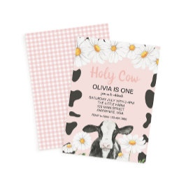 Heliga Cow I är en Rosa Gingham Daisy Birthday Inv Inbjudningar