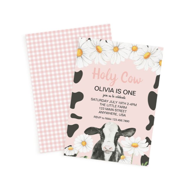 Heliga Cow I är en Rosa Gingham Daisy Birthday Inv Inbjudningar (Skapare uppladdad)