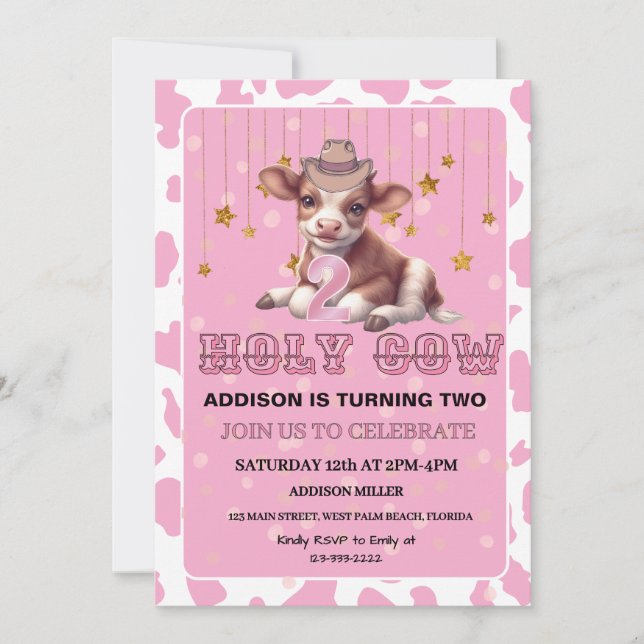 Heliga Cow I är Två Rosa Coquette Födelsedagsfest Inbjudningar (Framsida)