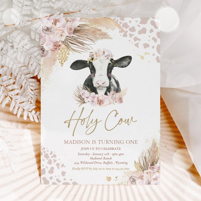 Heliga Cow jag är en Boho Pampas Grass Cow Birthda Inbjudningar (Skapare uppladdad)
