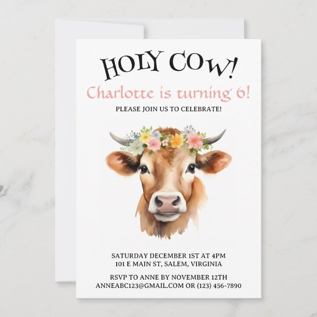 Heliga Cow Jersey Cow Blommigt Girl Birthday Inbjudningar (Framsida)