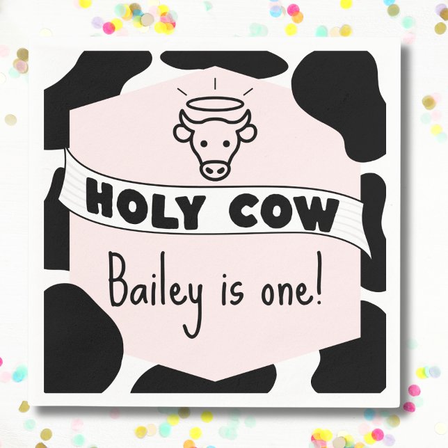 Heliga Cow Kid Födelsedagsfest Cow Skriv ut nuet i Pappersservett (Holy cow birthday party napkins custom name and age cute pink and cow print modern bday party )