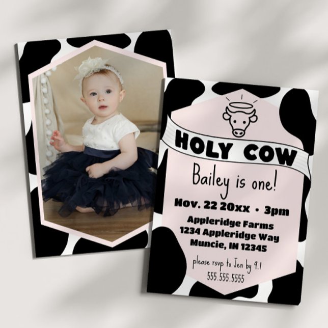 Heliga Cow Photo Kid Cow Skriv ut den moderna föde Inbjudningar (Holy cow cute kid's birthday party invitation pink cow print modern bday invite )