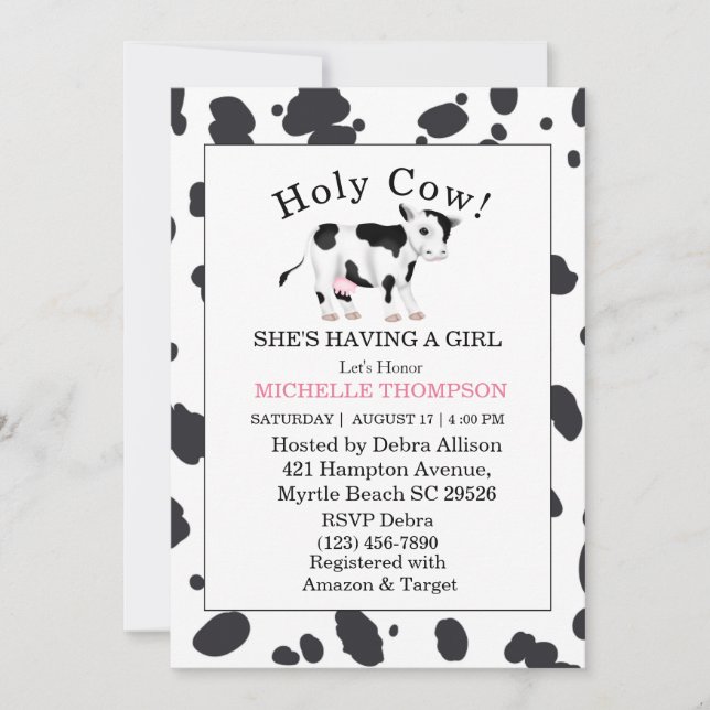 Heliga Cow Print Girl Baby Shower Inbjudningar (Framsida)