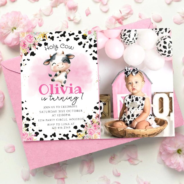 Heliga Cow Rosa Blommigt Girl 1:a födelsedagen Inbjudningar (Skapare uppladdad)