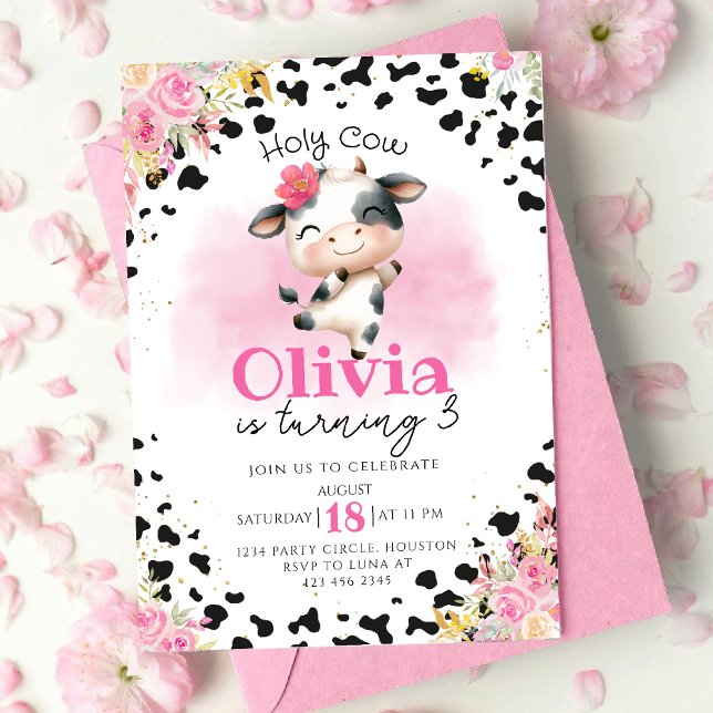 Heliga Cow Rosa Blommigt Girl Birthday Inbjudningar (Skapare uppladdad)