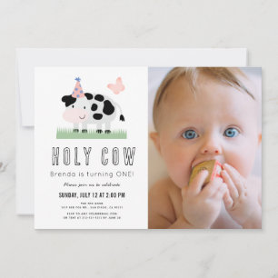 Heliga Cow Rosa Butterfly Girl 1 Birthday Photo Inbjudningar