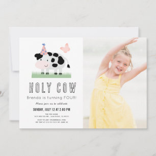 Heliga Cow Rosa Butterfly Girl Birthday Photo Inbjudningar