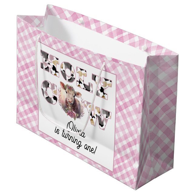 Heliga Cow Rosa Gingham Girl Birthday Gift Bag (Framsidan Vinklad)